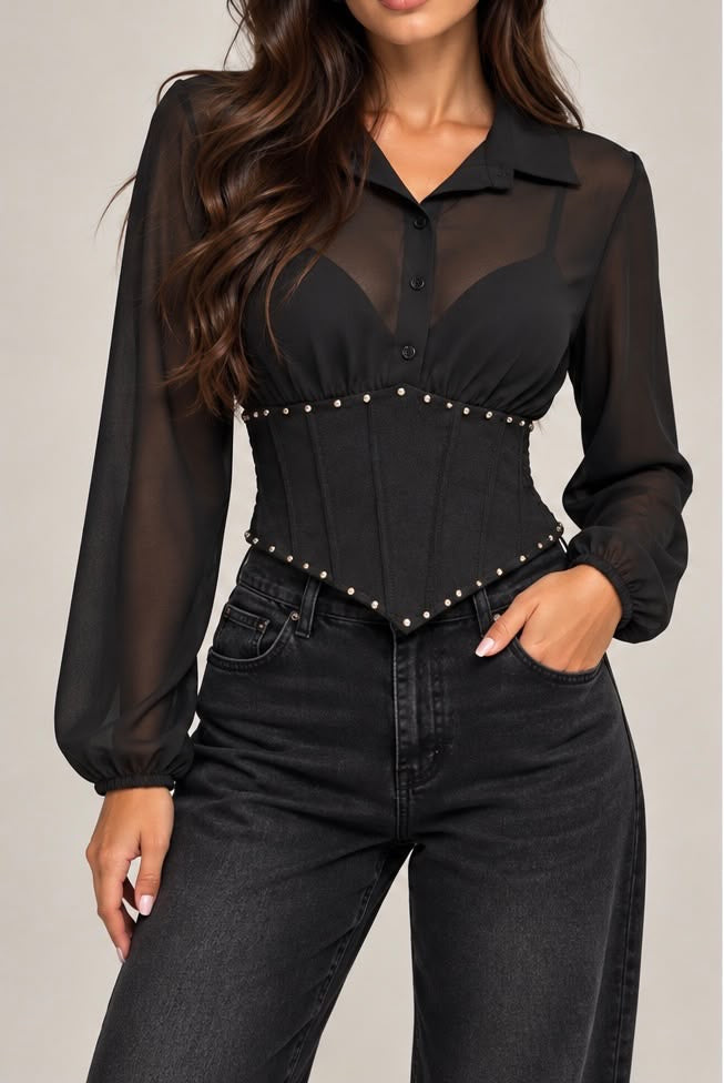 Camicia in Chiffon Nera con Bustino Corsetto e Borchie