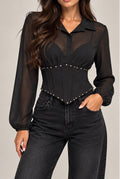 Camicia in Chiffon Nera con Bustino Corsetto e Borchie