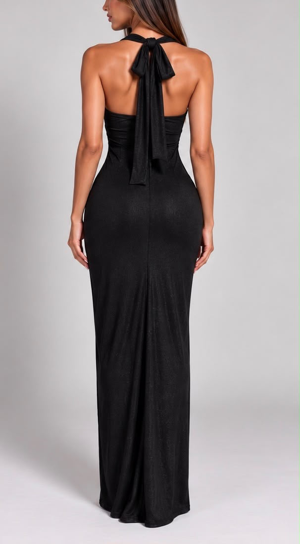 Abito Lungo Drapé Shimmer con Incrocio Halter e Drappeggio Centrale
