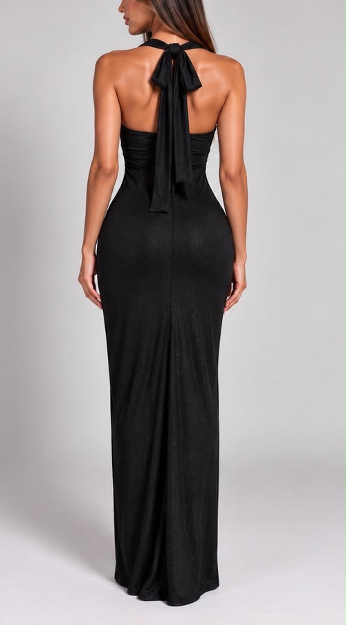 Abito Lungo Drapé Shimmer con Incrocio Halter e Drappeggio Centrale