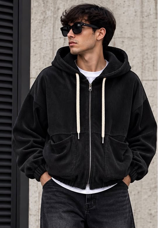 Giacca in Velluto a Coste Uomo con Cappuccio e Zip – Nero