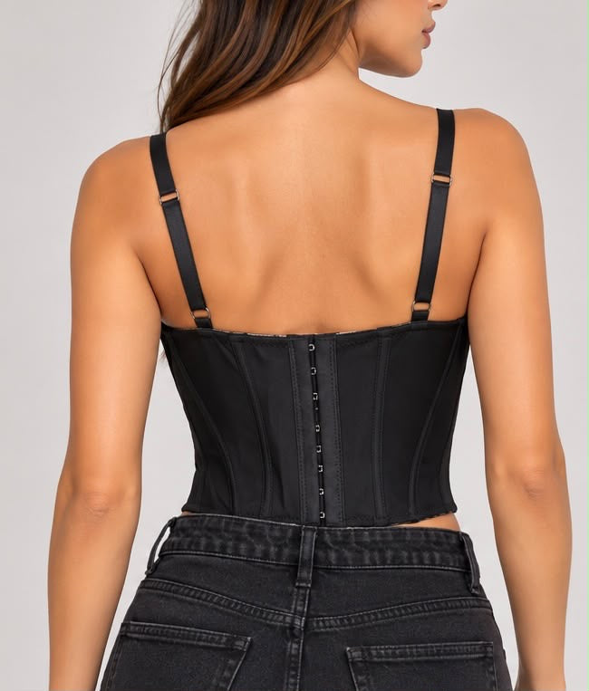 Top Corsetto Bustier in Similpelle Effetto Pitonato con Spalline (Nero)