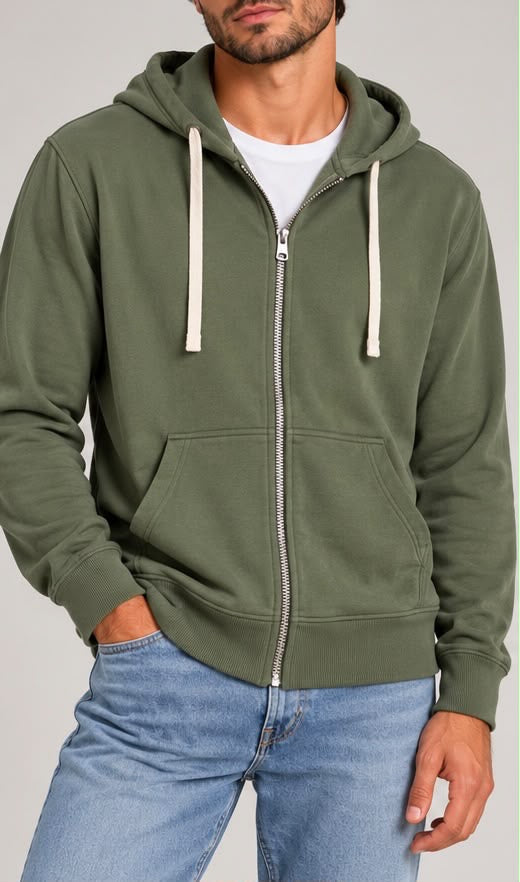Felpa con Cappuccio e Zip (Verde Militare / Oliva)