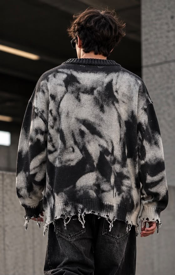 Maglione Maglia Distressed Acid Wash Scura