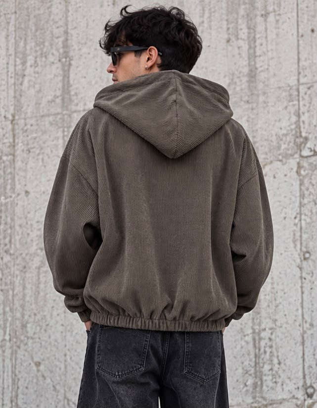 Giacca in Velluto a Coste Uomo con Cappuccio e Zip – Marrone