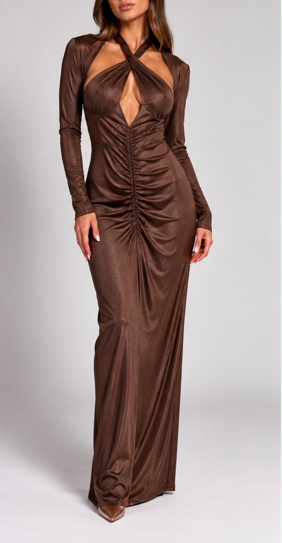 Abito Lungo Drappeggiato Shimmer (Marrone Bronzo)