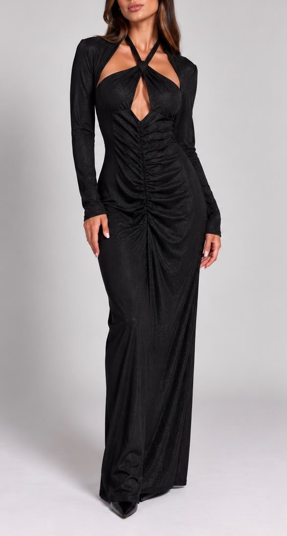 Abito Lungo Drapé Shimmer con Incrocio Halter e Drappeggio Centrale