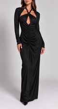 Abito Lungo Drapé Shimmer con Incrocio Halter e Drappeggio Centrale