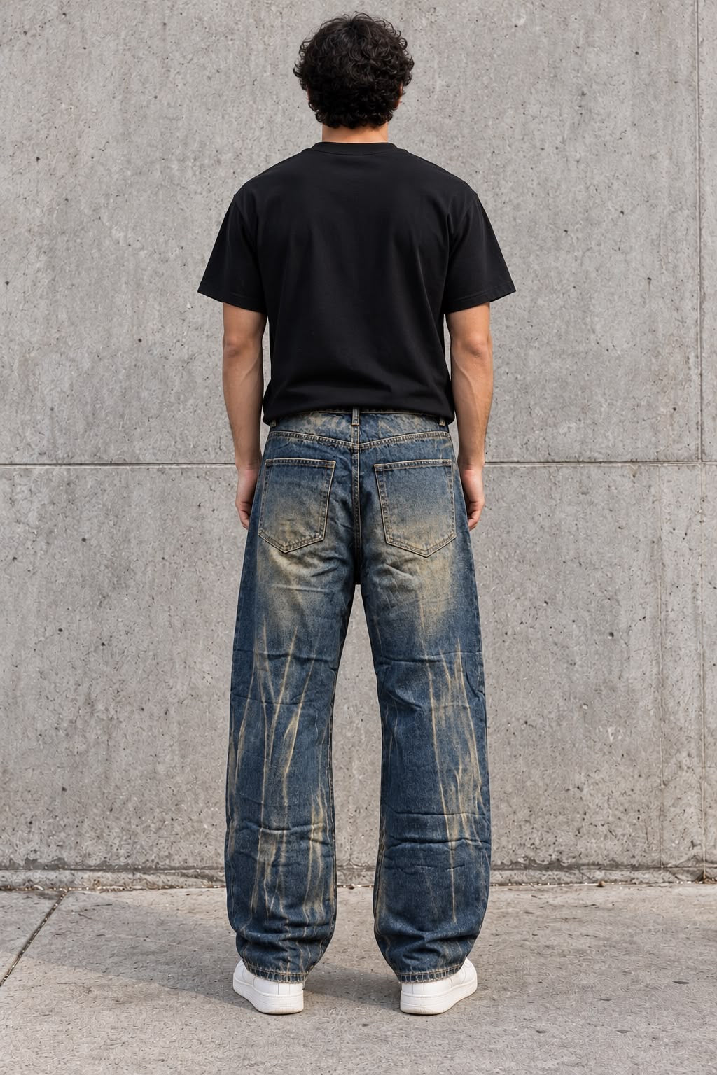 Jeans Baggy Blue Denim con Lavaggio Vintage e Graffiature