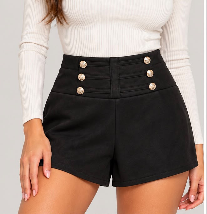 Shorts Scamosciati a Vita Alta con Bottoni Dorati Stile Militare (Nero)